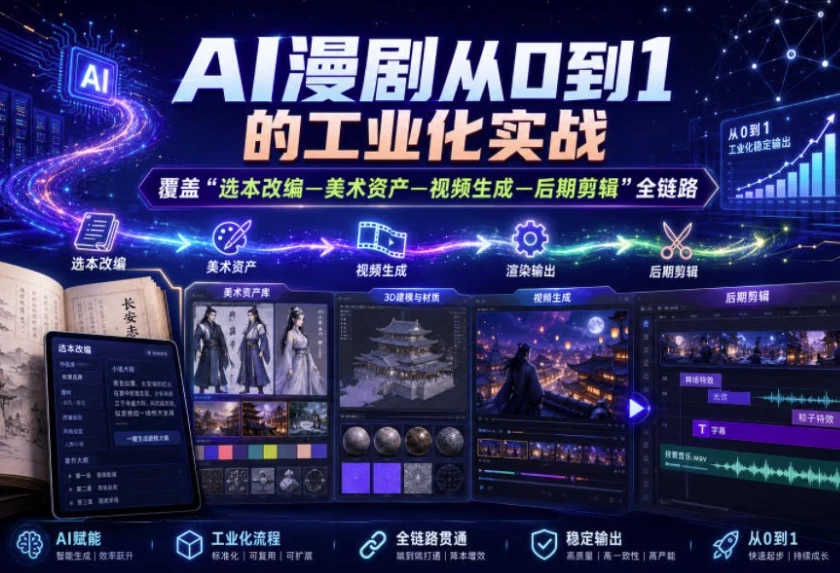 AI漫剧从0到1的工业化实战,覆盖“选本改编—美术资产—视频生成—后期剪辑”全链路课程 AI漫剧从0到1的工业化实战,覆盖“选本改编—美术资产—视频生成—后期剪辑”全链路课程
